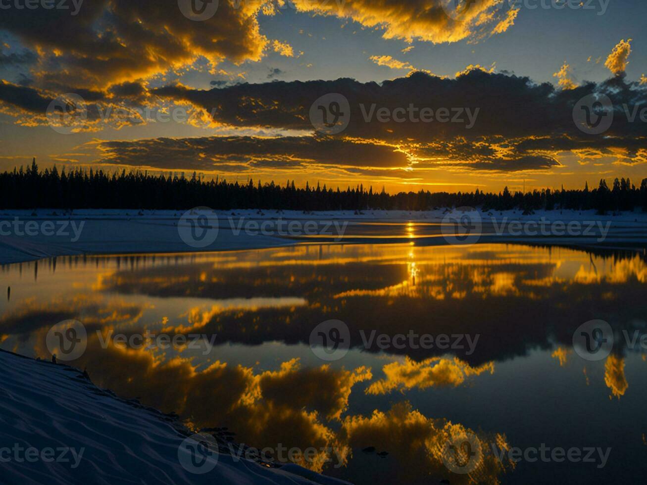 AI generated An image of a vibrant sunset over a serene lake, with colorful reflections shimmering on the water with snow photo