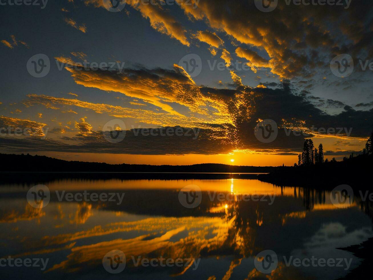 AI generated An image of a vibrant sunset over a serene lake, with colorful reflections shimmering on the water with snow photo