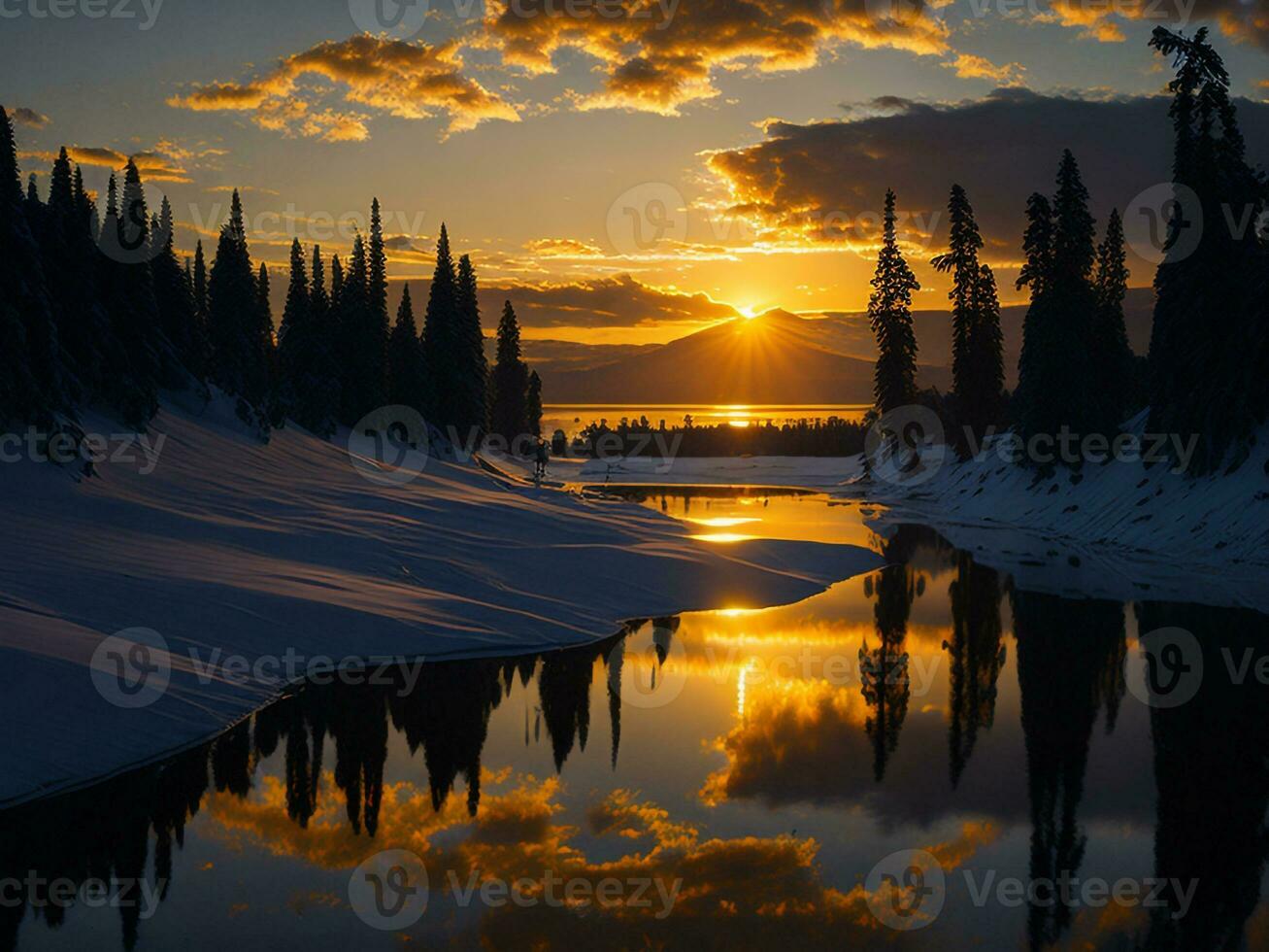 AI generated An image of a vibrant sunset over a serene lake, with colorful reflections shimmering on the water with snow photo