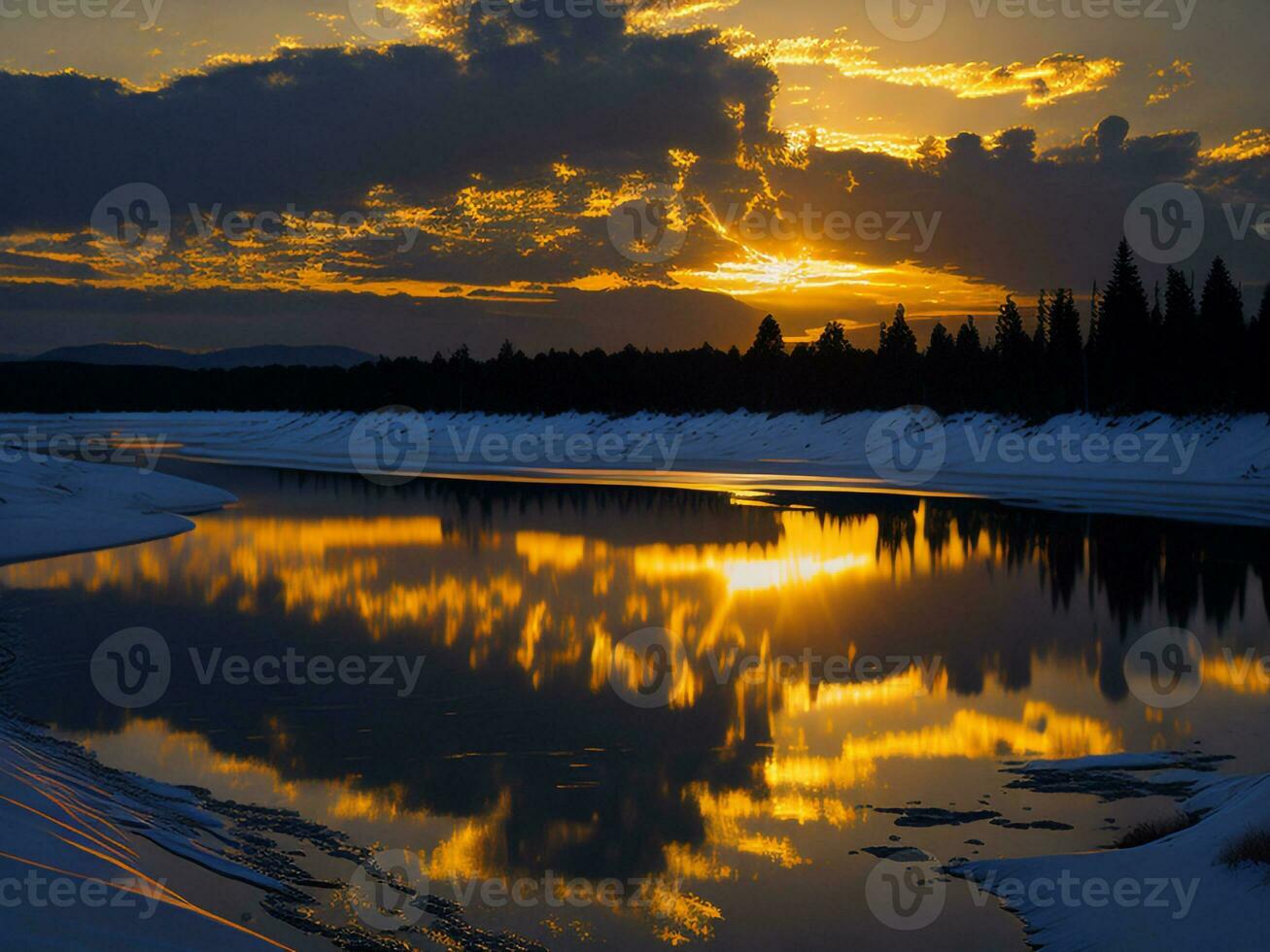 AI generated An image of a vibrant sunset over a serene lake, with colorful reflections shimmering on the water with snow photo