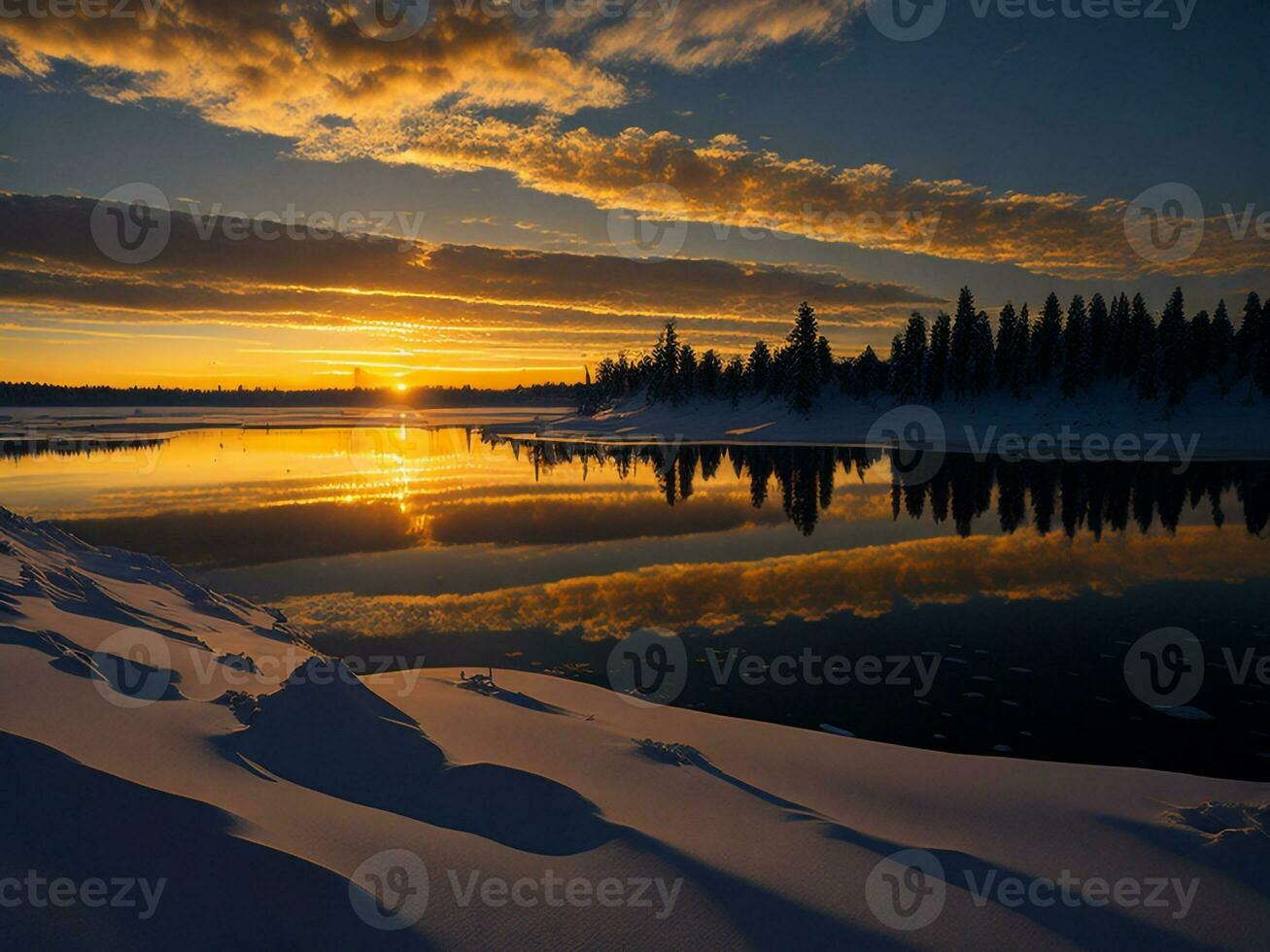 AI generated An image of a vibrant sunset over a serene lake, with colorful reflections shimmering on the water with snow photo