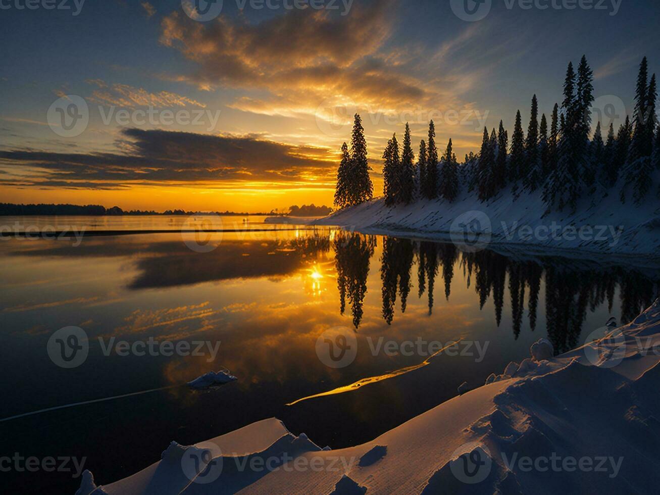 ai generado un imagen de un vibrante puesta de sol terminado un sereno lago, con vistoso reflexiones reluciente en el agua con nieve foto