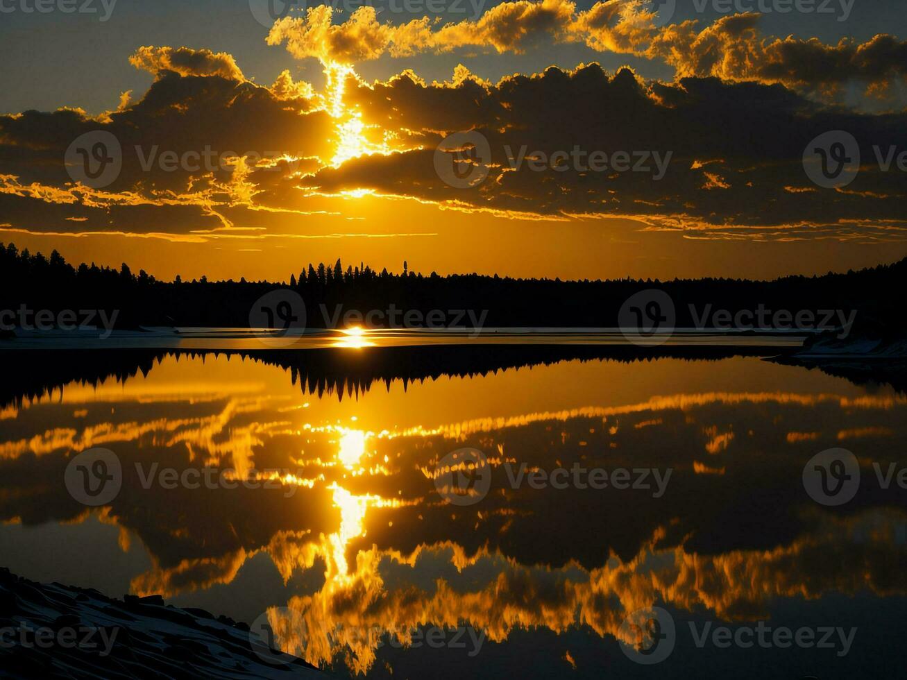 AI generated An image of a vibrant sunset over a serene lake, with colorful reflections shimmering on the water with snow photo