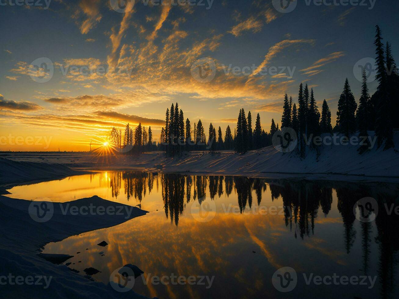 AI generated An image of a vibrant sunset over a serene lake, with colorful reflections shimmering on the water with snow photo