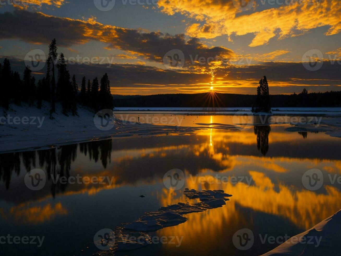 AI generated An image of a vibrant sunset over a serene lake, with colorful reflections shimmering on the water with snow photo