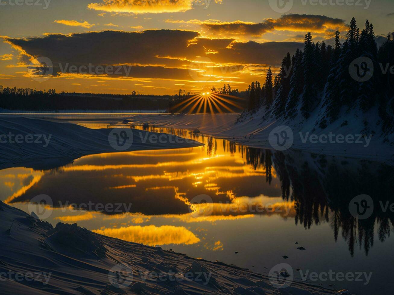 AI generated An image of a vibrant sunset over a serene lake, with colorful reflections shimmering on the water with snow photo