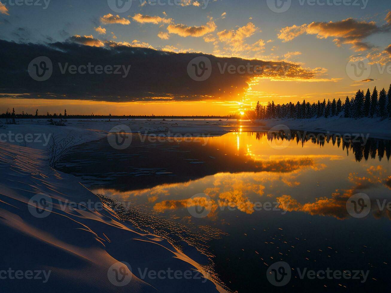 AI generated An image of a vibrant sunset over a serene lake, with colorful reflections shimmering on the water with snow photo