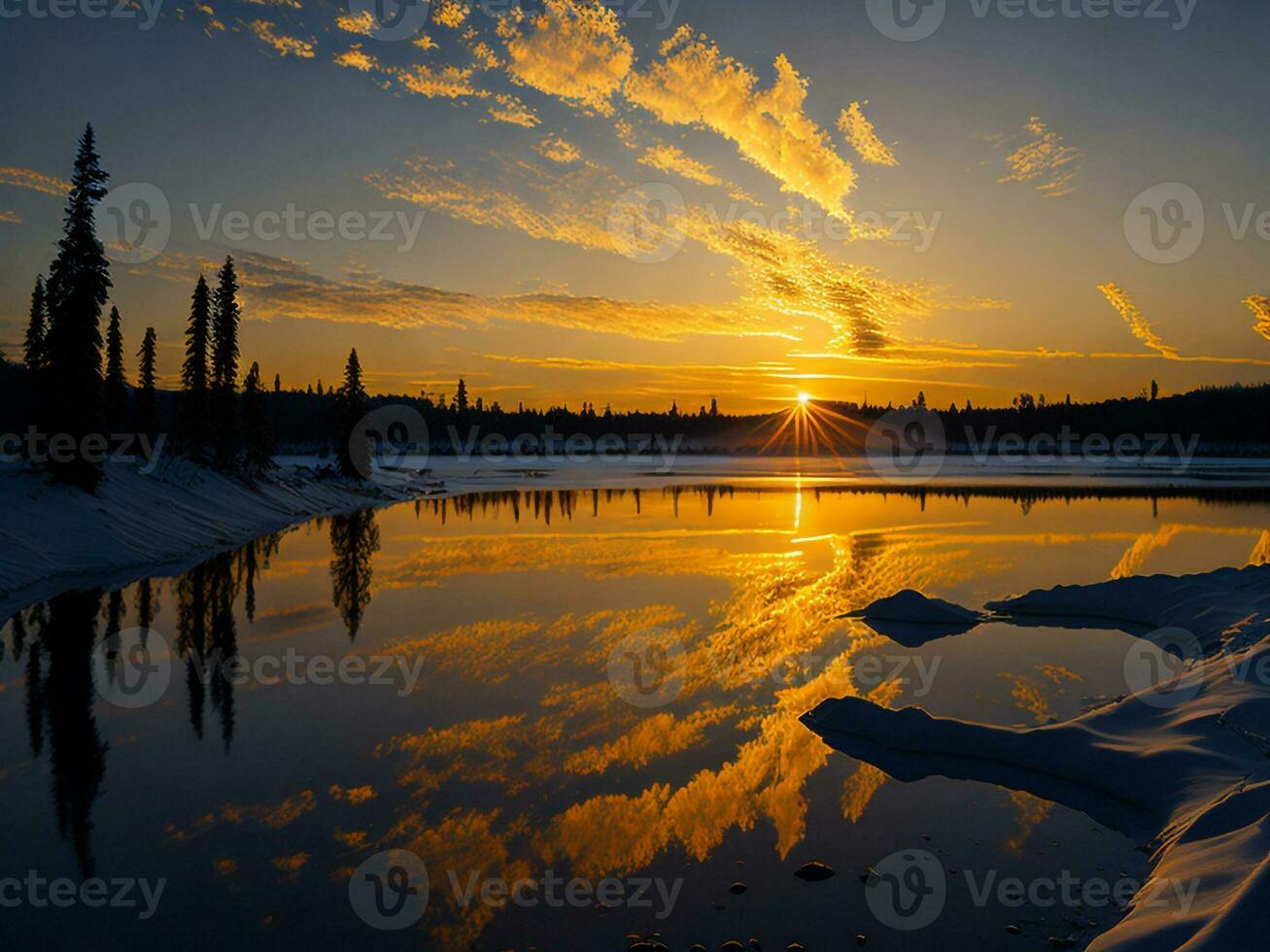 AI generated An image of a vibrant sunset over a serene lake, with colorful reflections shimmering on the water with snow photo