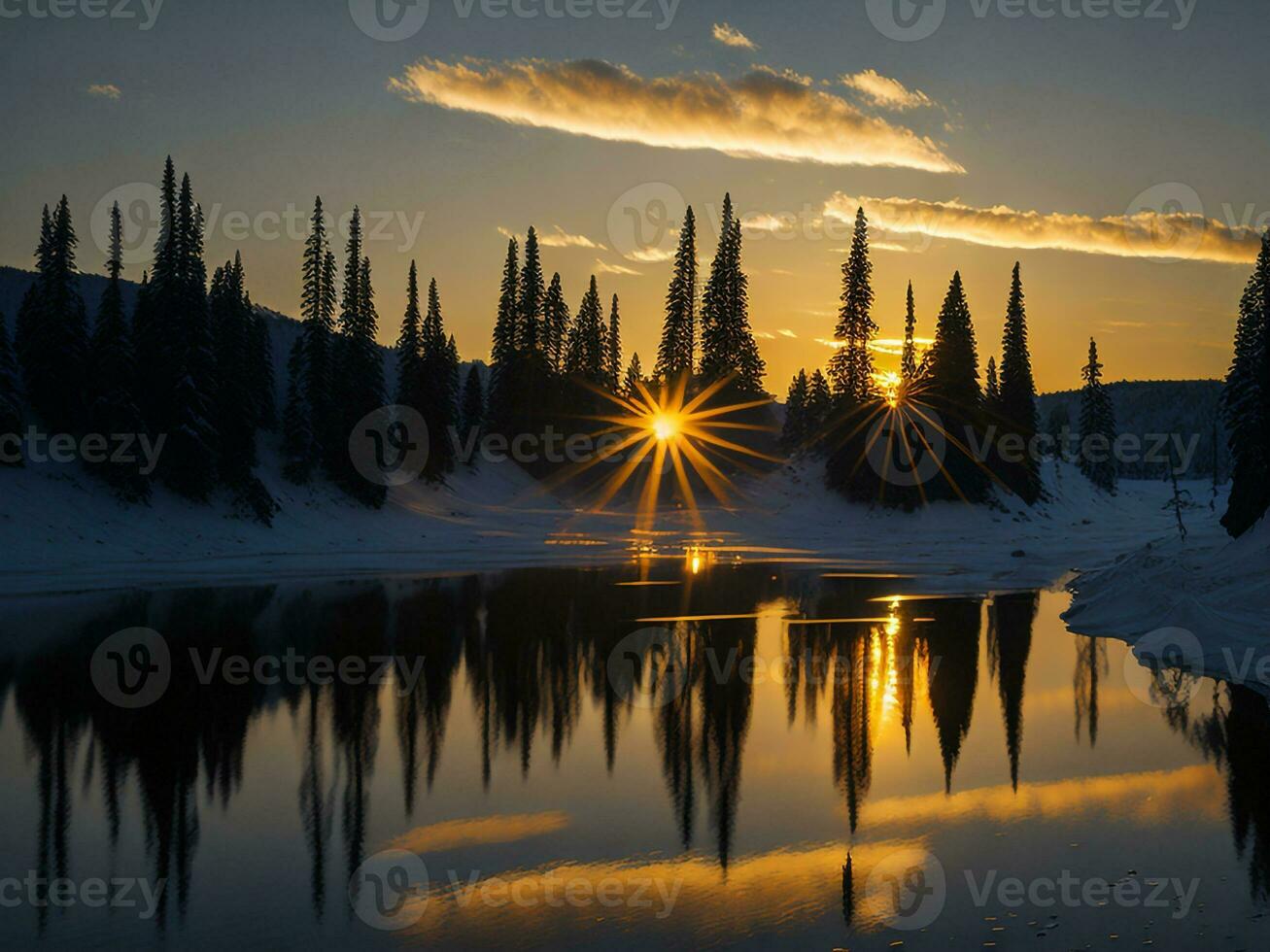 ai generado un imagen de un vibrante puesta de sol terminado un sereno lago, con vistoso reflexiones reluciente en el agua con nieve foto