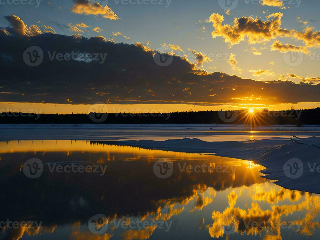 AI generated An image of a vibrant sunset over a serene lake, with colorful reflections shimmering on the water with snow photo