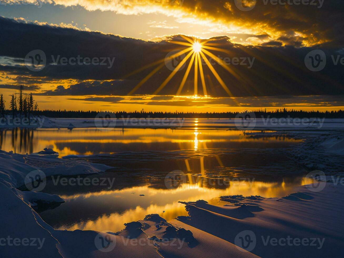 ai generado un imagen de un vibrante puesta de sol terminado un sereno lago, con vistoso reflexiones reluciente en el agua con nieve foto