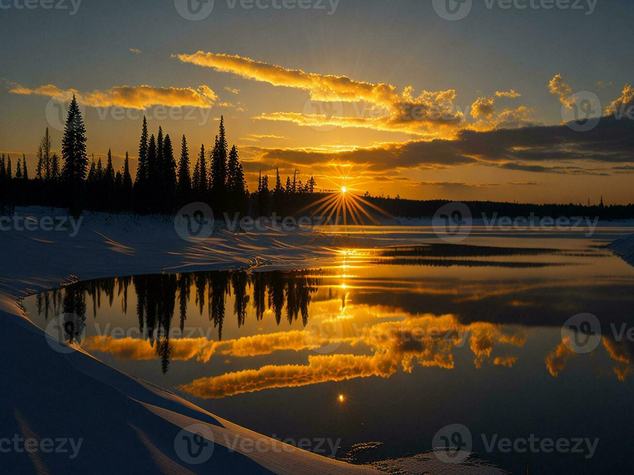AI generated An image of a vibrant sunset over a serene lake, with colorful reflections shimmering on the water with snow photo