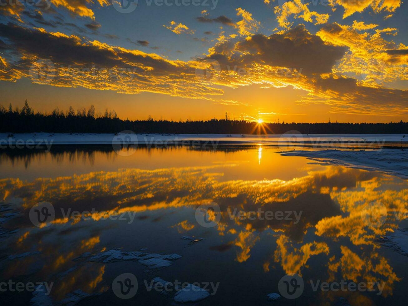 AI generated An image of a vibrant sunset over a serene lake, with colorful reflections shimmering on the water with snow photo