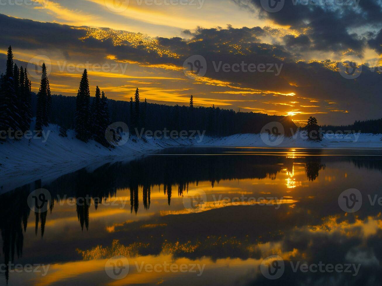 AI generated An image of a vibrant sunset over a serene lake, with colorful reflections shimmering on the water with snow photo