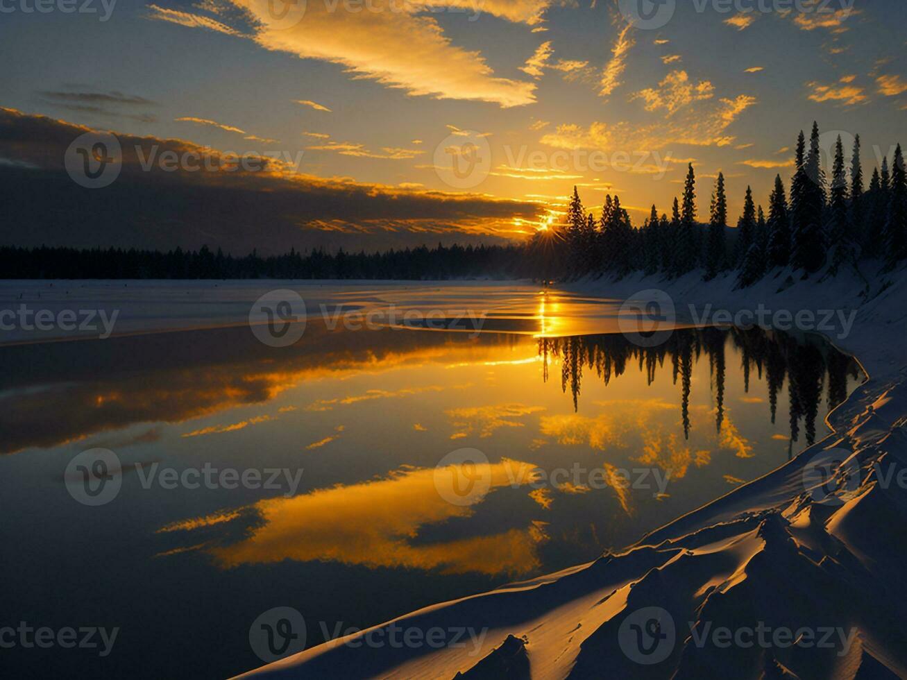 AI generated An image of a vibrant sunset over a serene lake, with colorful reflections shimmering on the water with snow photo