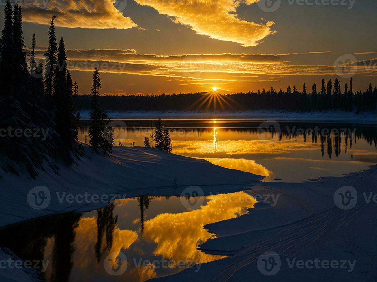 AI generated An image of a vibrant sunset over a serene lake, with colorful reflections shimmering on the water with snow photo