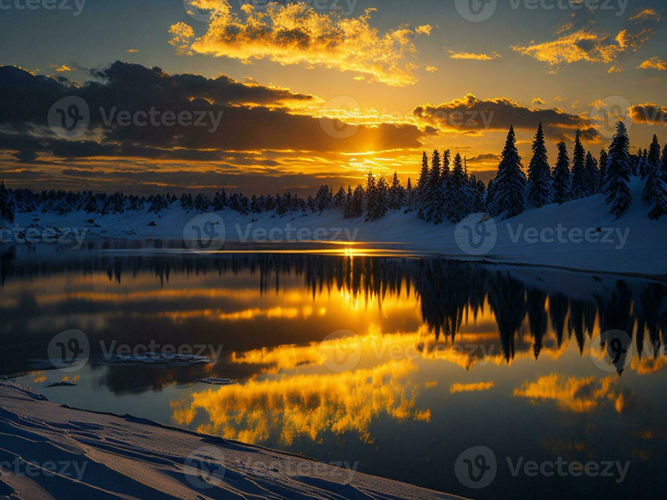 AI generated An image of a vibrant sunset over a serene lake, with colorful reflections shimmering on the water with snow photo