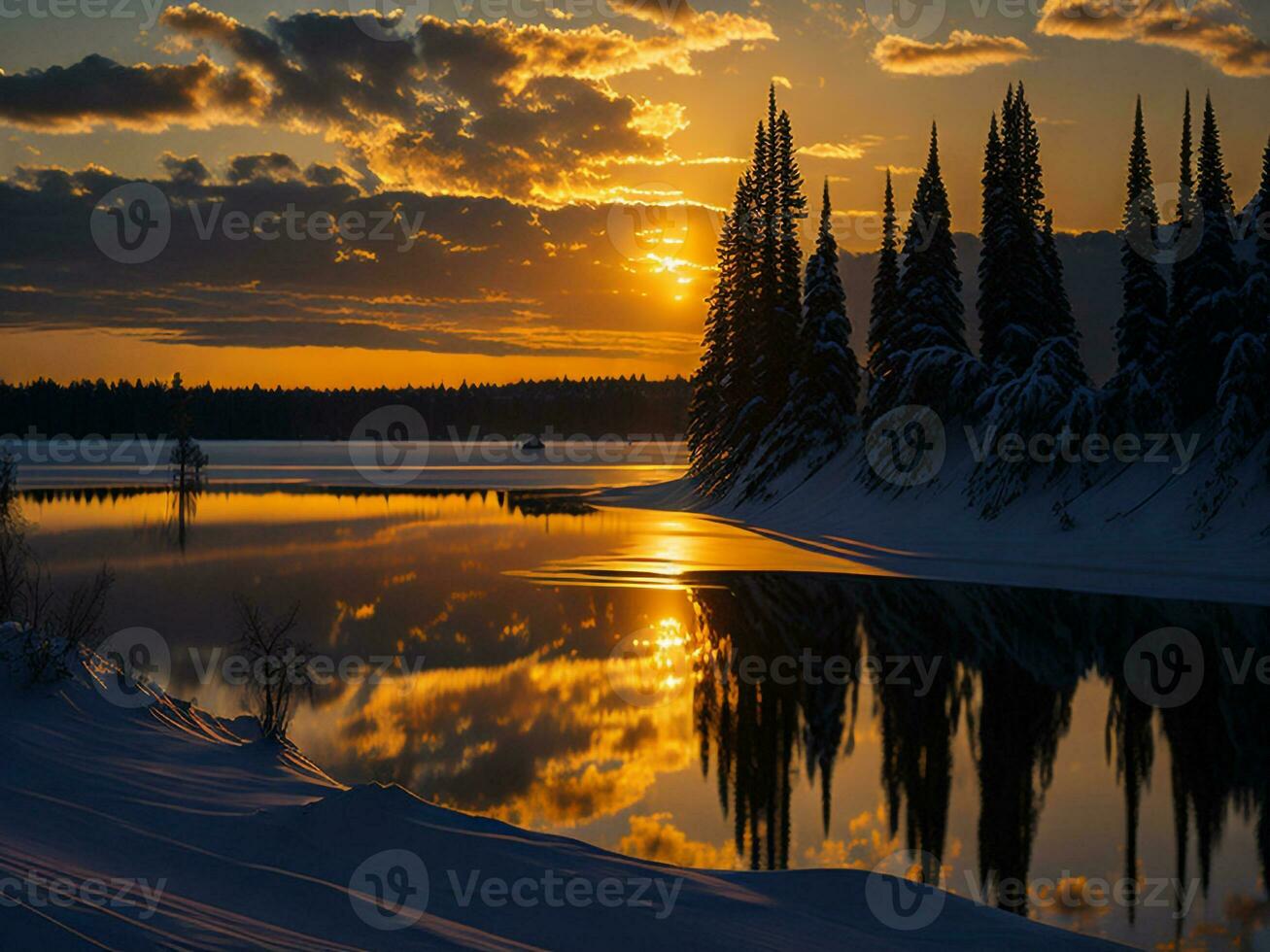 AI generated An image of a vibrant sunset over a serene lake, with colorful reflections shimmering on the water with snow photo