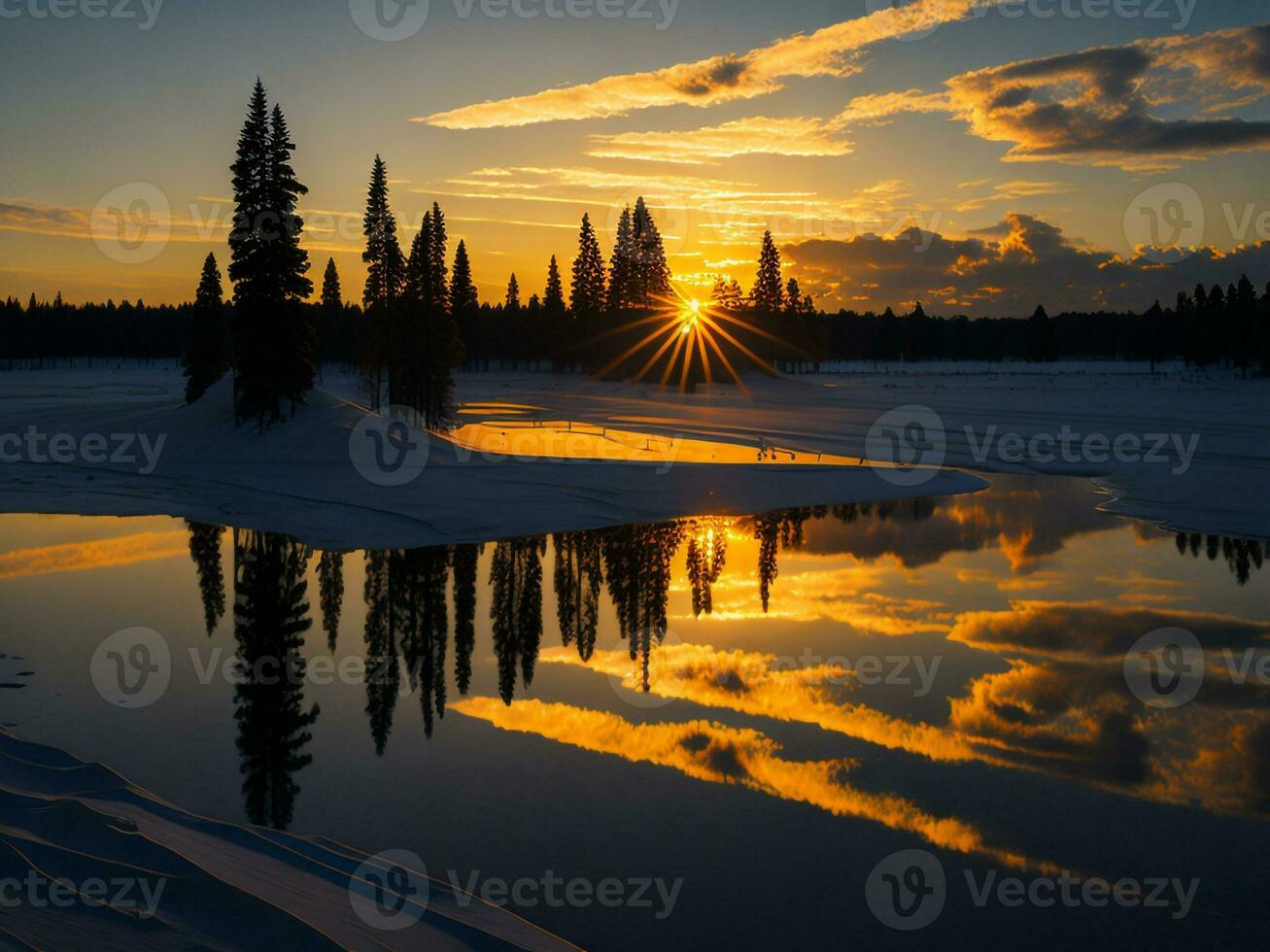 AI generated An image of a vibrant sunset over a serene lake, with colorful reflections shimmering on the water with snow photo