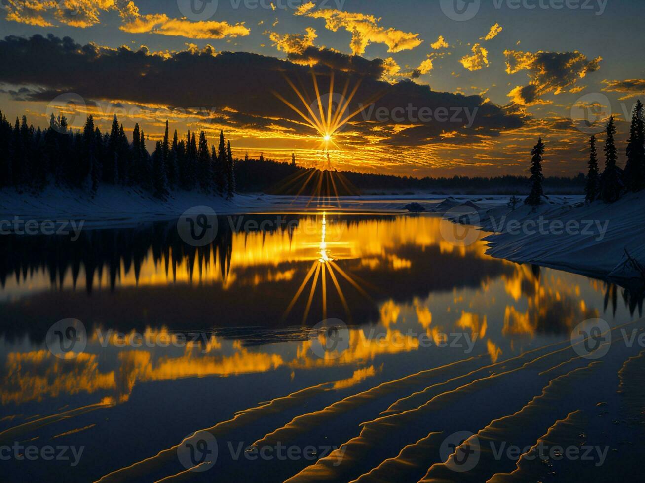 AI generated An image of a vibrant sunset over a serene lake, with colorful reflections shimmering on the water with snow photo