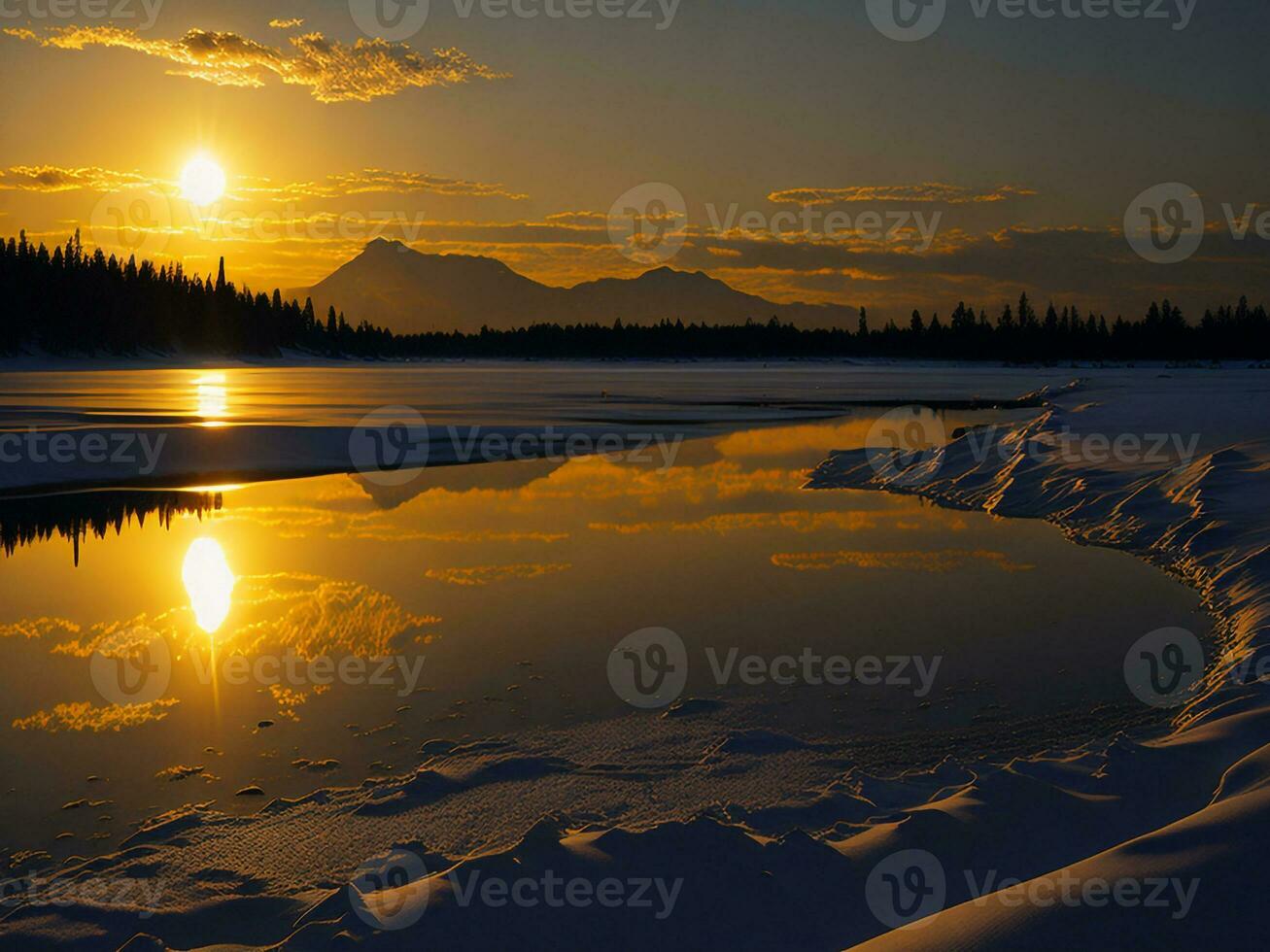 AI generated An image of a vibrant sunset over a serene lake, with colorful reflections shimmering on the water with snow photo