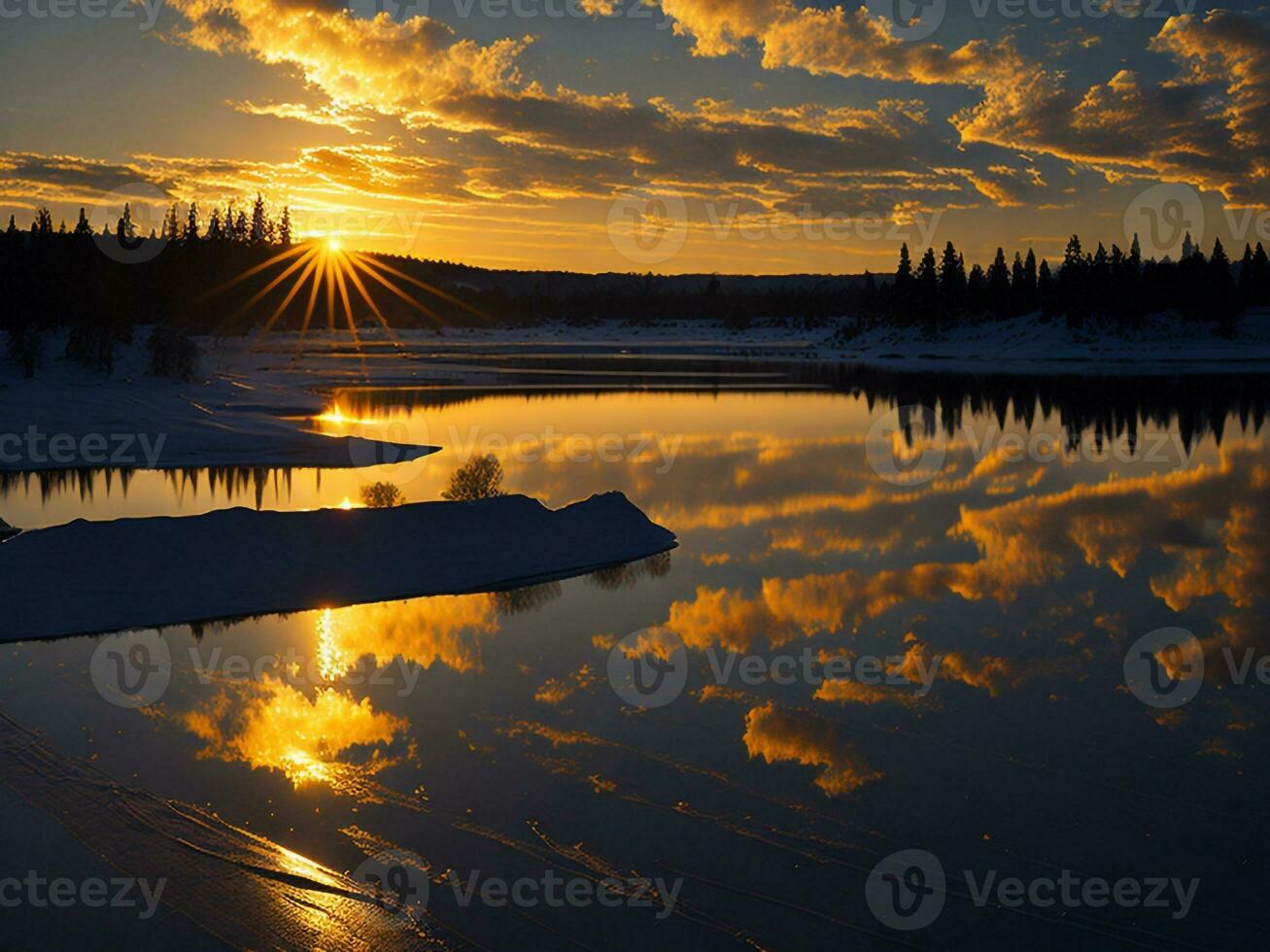 AI generated An image of a vibrant sunset over a serene lake, with colorful reflections shimmering on the water with snow photo