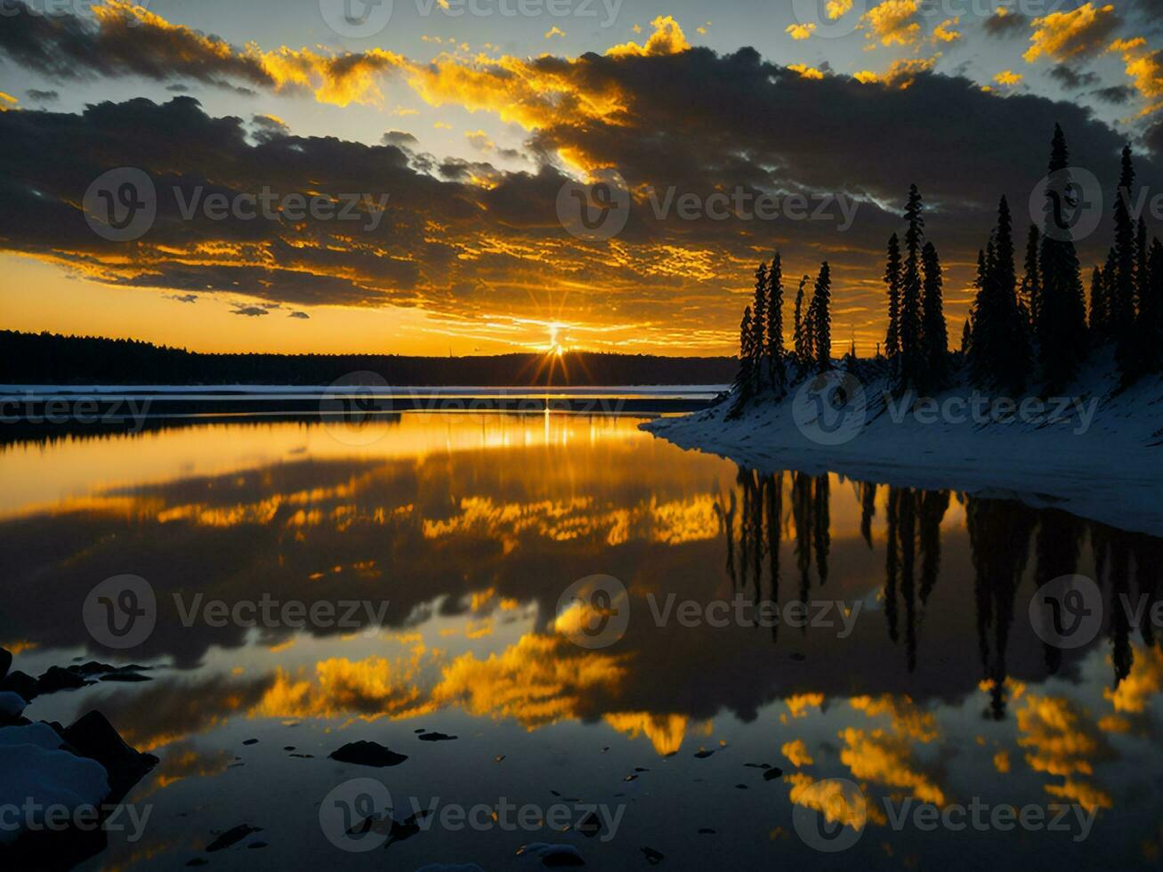 AI generated An image of a vibrant sunset over a serene lake, with colorful reflections shimmering on the water with snow photo