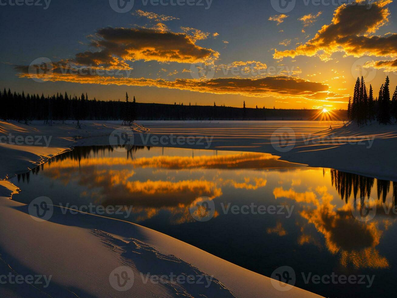 AI generated An image of a vibrant sunset over a serene lake, with colorful reflections shimmering on the water with snow photo