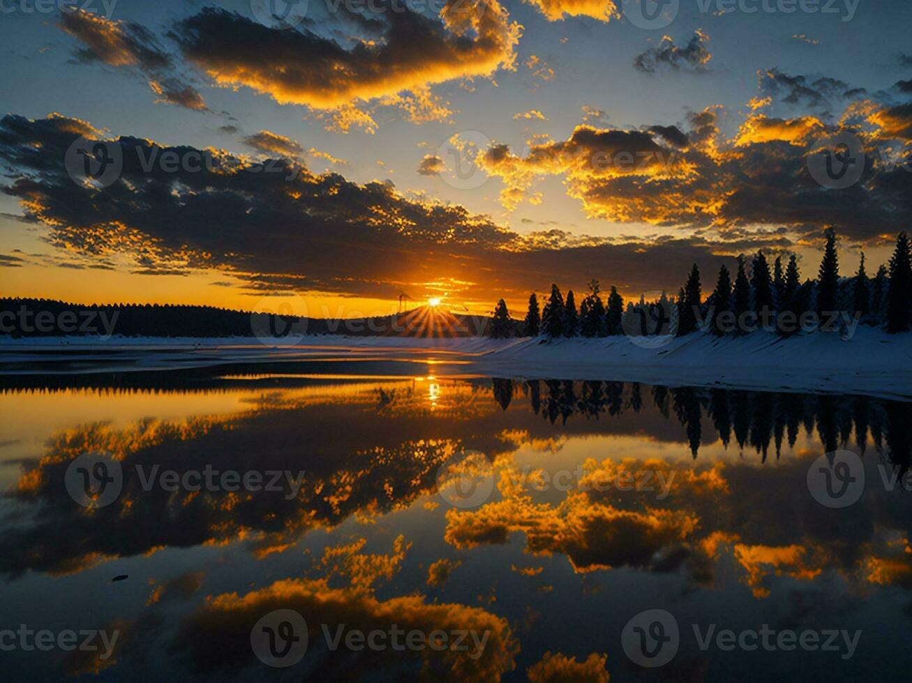 AI generated An image of a vibrant sunset over a serene lake, with colorful reflections shimmering on the water with snow photo