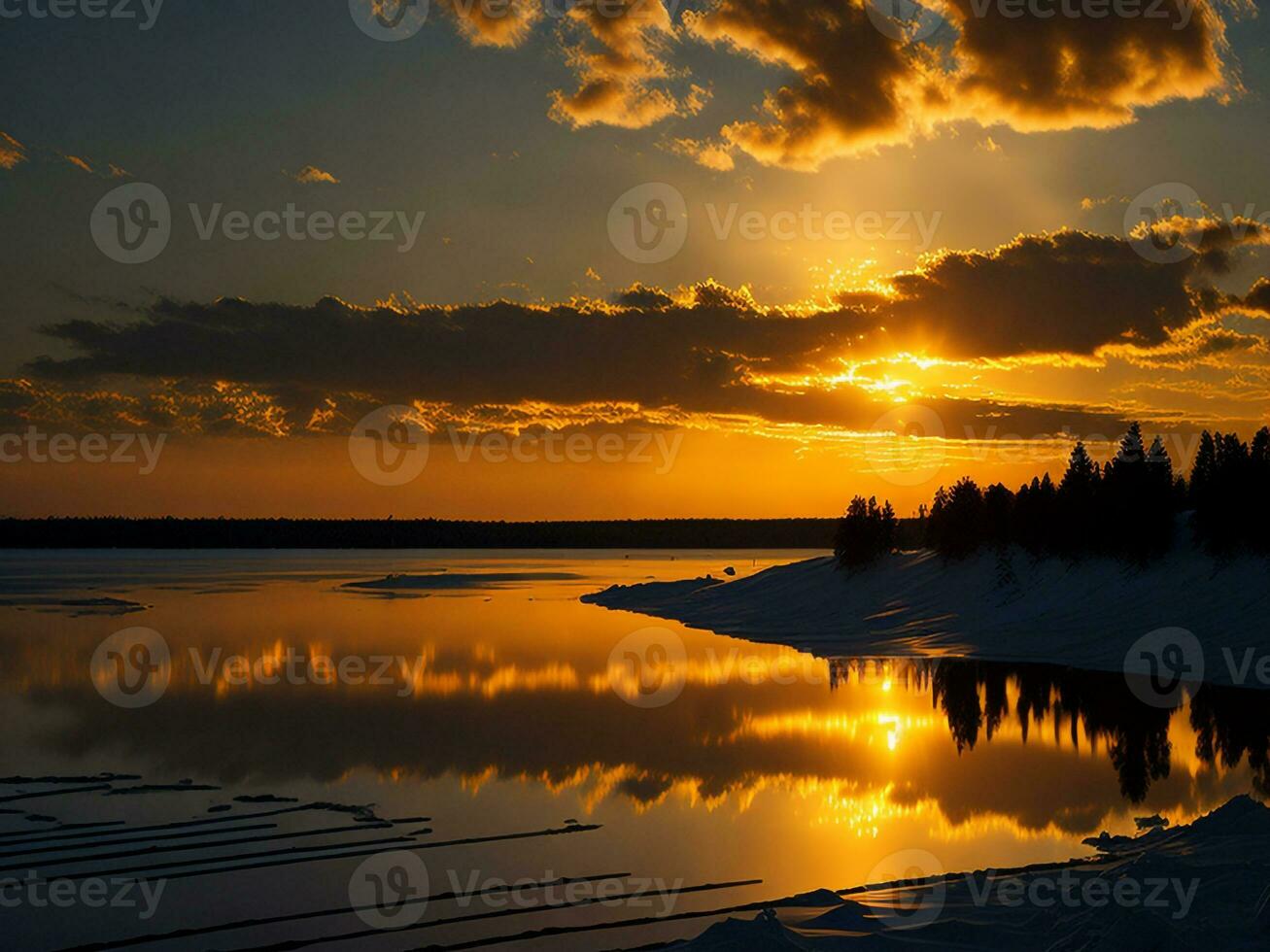 AI generated An image of a vibrant sunset over a serene lake, with colorful reflections shimmering on the water with snow photo