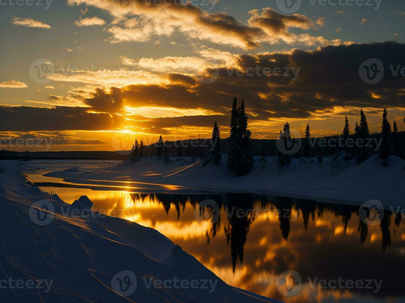 AI generated An image of a vibrant sunset over a serene lake, with colorful reflections shimmering on the water with snow photo