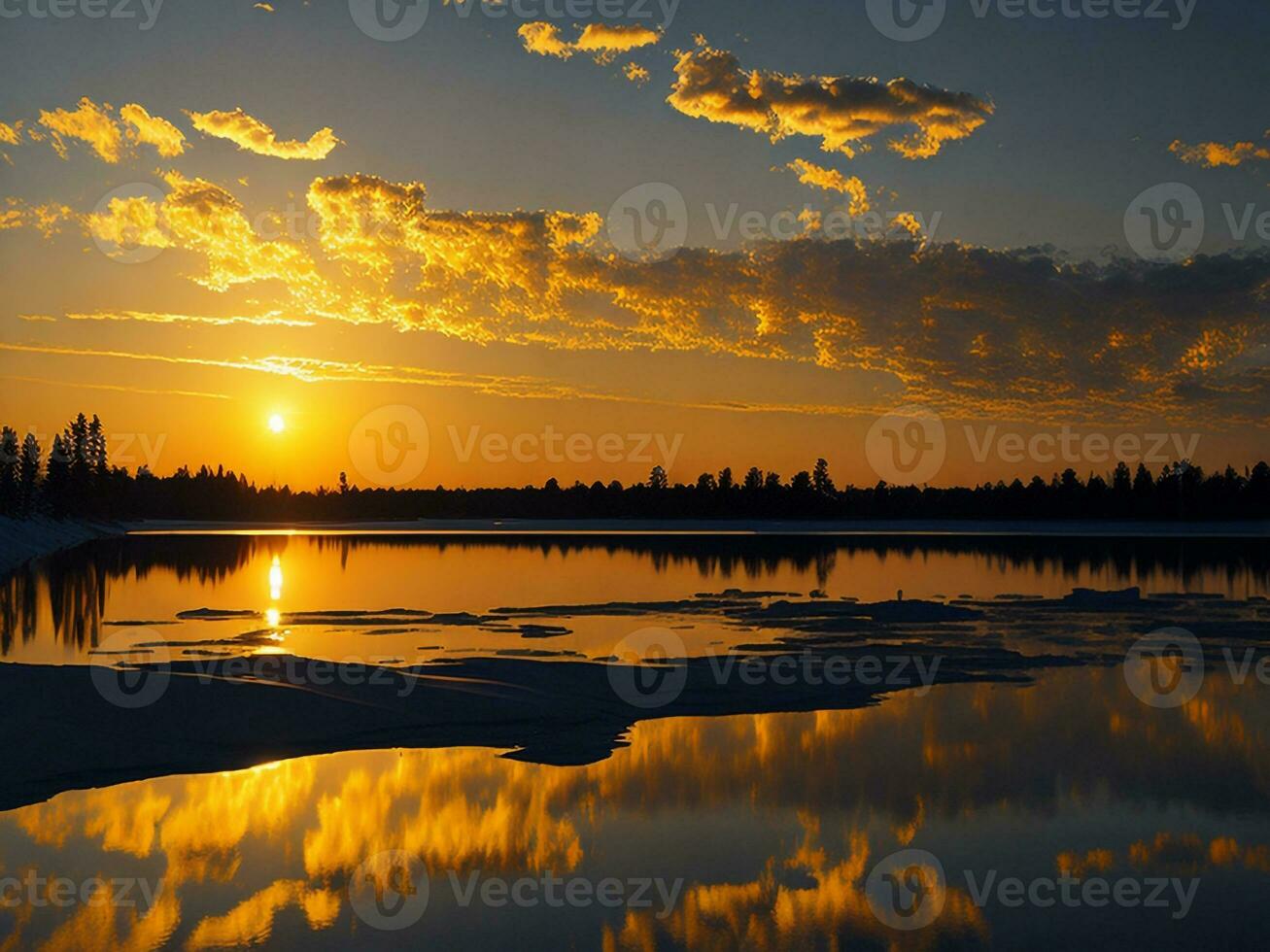 AI generated An image of a vibrant sunset over a serene lake, with colorful reflections shimmering on the water with snow photo