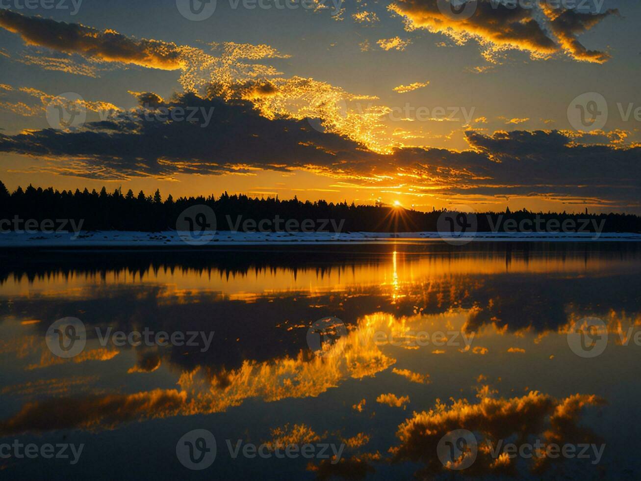 AI generated An image of a vibrant sunset over a serene lake, with colorful reflections shimmering on the water with snow photo