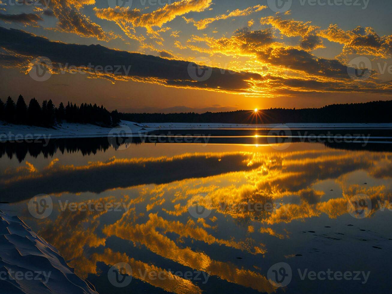 AI generated An image of a vibrant sunset over a serene lake, with colorful reflections shimmering on the water with snow photo