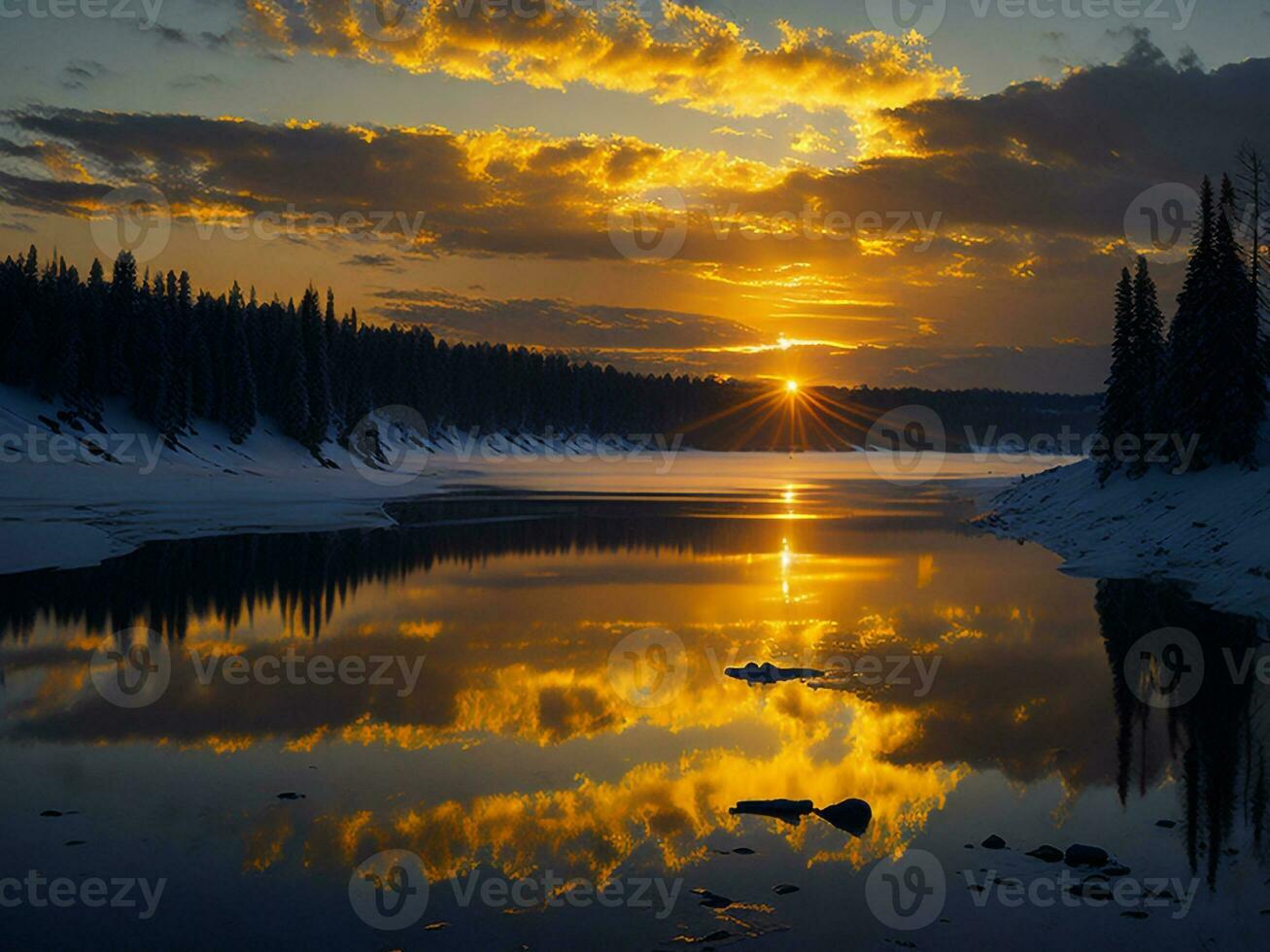 AI generated An image of a vibrant sunset over a serene lake, with colorful reflections shimmering on the water with snow photo