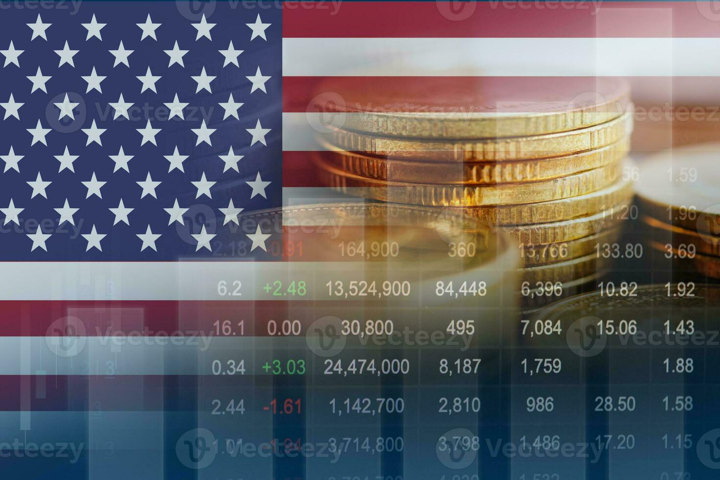 USA America flag with stock market finance, economy trend graph digital technology. photo