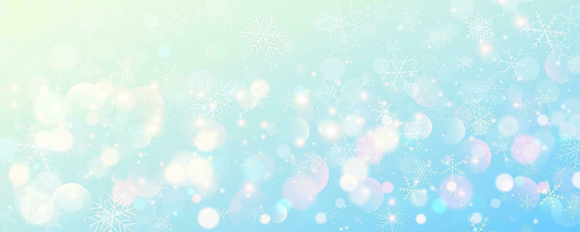 Christmas snowy background. Cold blue winter sky. Vector ice blizzard on gradient texture with bokeh and flakes. Festive new year theme for season sale wallpaper.