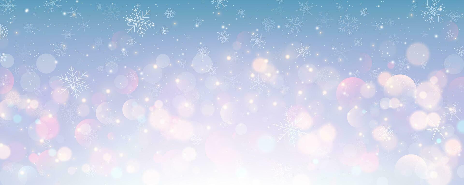 Christmas snowy background. Cold blue winter sky. Vector ice blizzard on gradient texture with bokeh. Festive new year theme for season sale wallpaper.