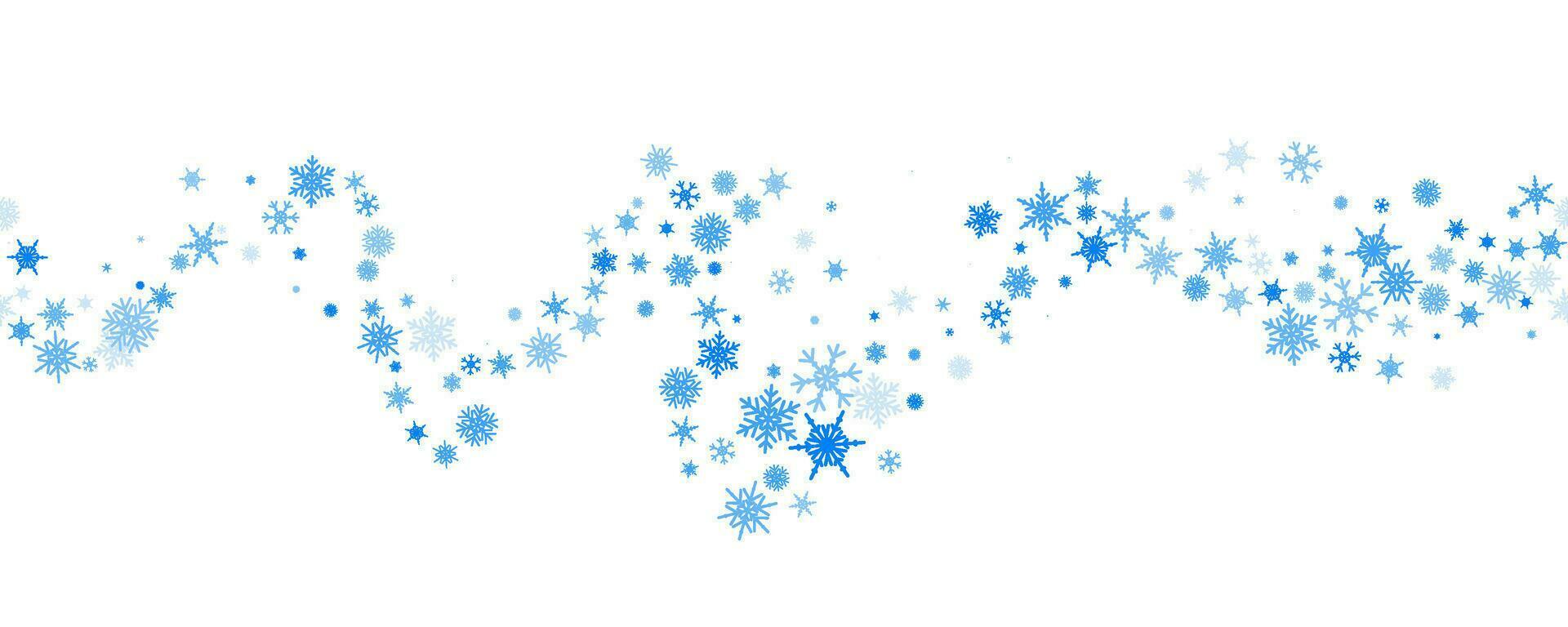Snowflakes vector background. Winter holiday wavy decor with blue crystal elements. Graphic icy frame isolated on white backdrop.