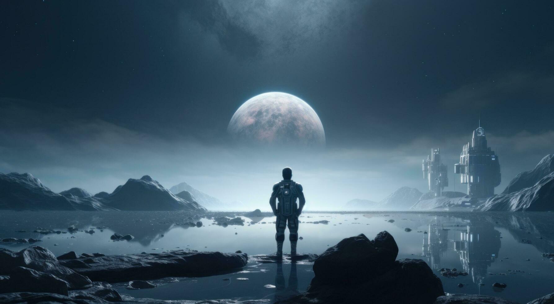 AI generated one man looks out over his spacecraft and other planets photo