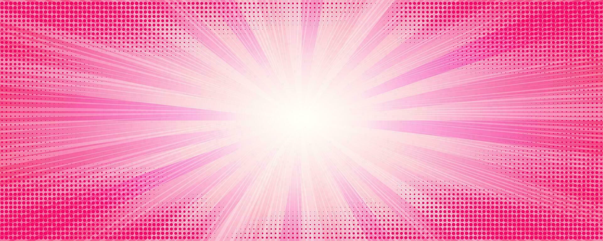 Pink sunburst comic background. Pop art vector cartoon abstract frame. Retro radial explosion striped wallpaper with halftone.