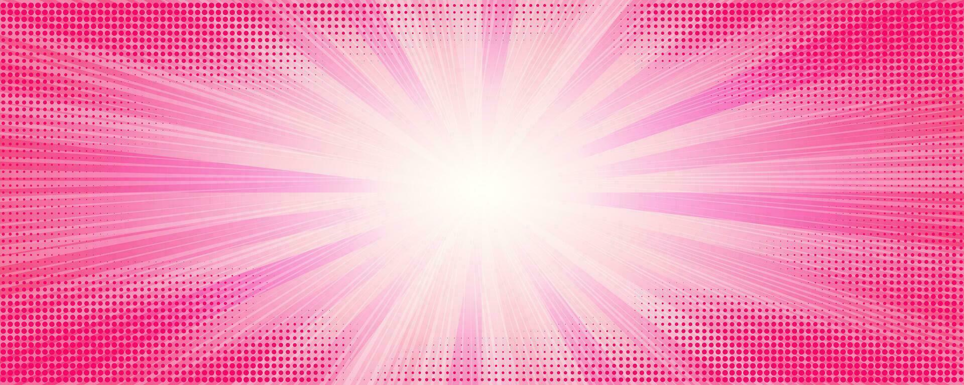 Pink sunburst comic background. Pop art vector cartoon abstract frame. Retro radial explosion striped wallpaper with halftone.