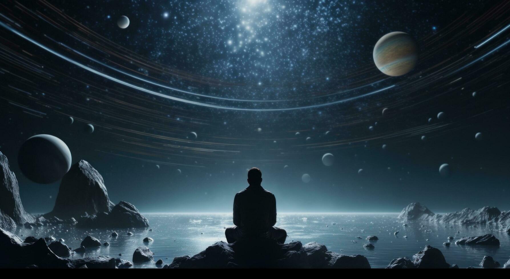AI generated one man looks out over his spacecraft and other planets photo