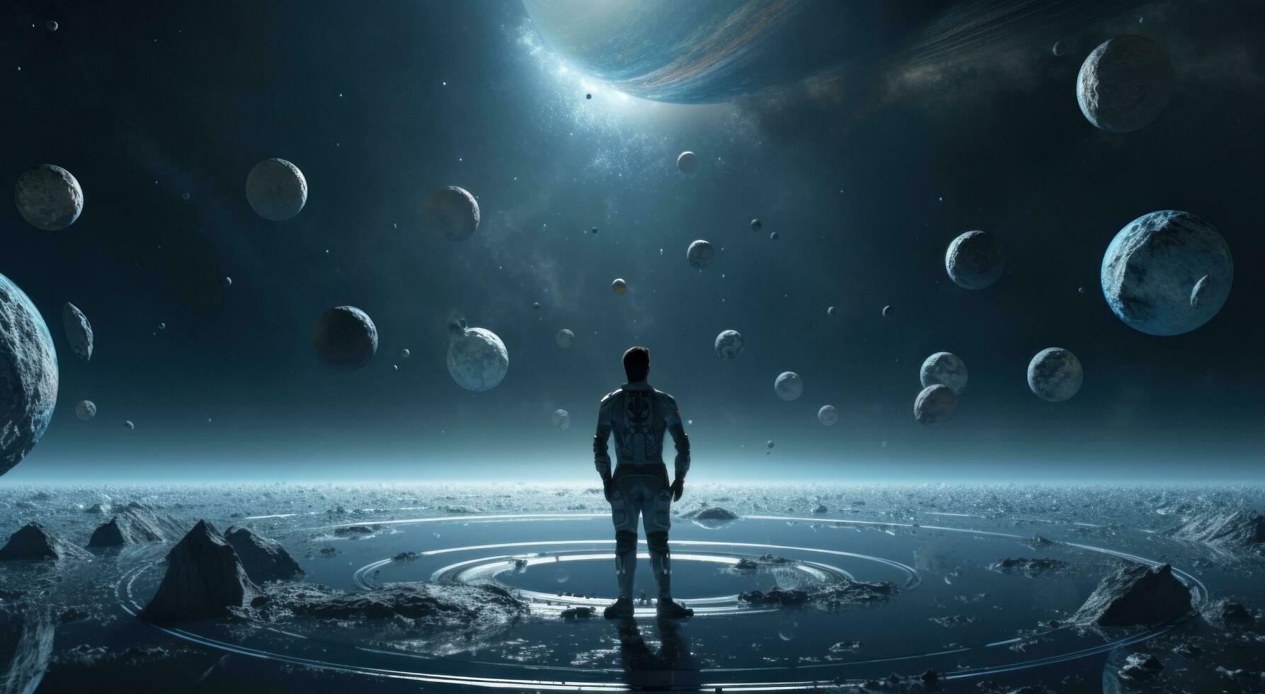 AI generated one man looks out over his spacecraft and other planets photo