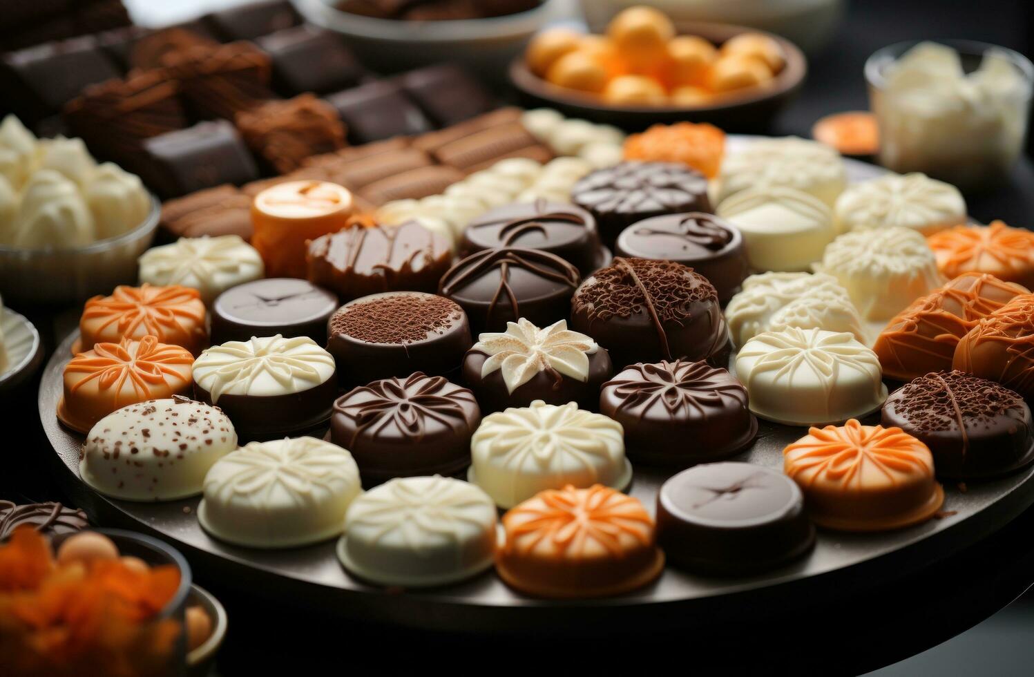 AI generated many chocolates are displayed on a table photo