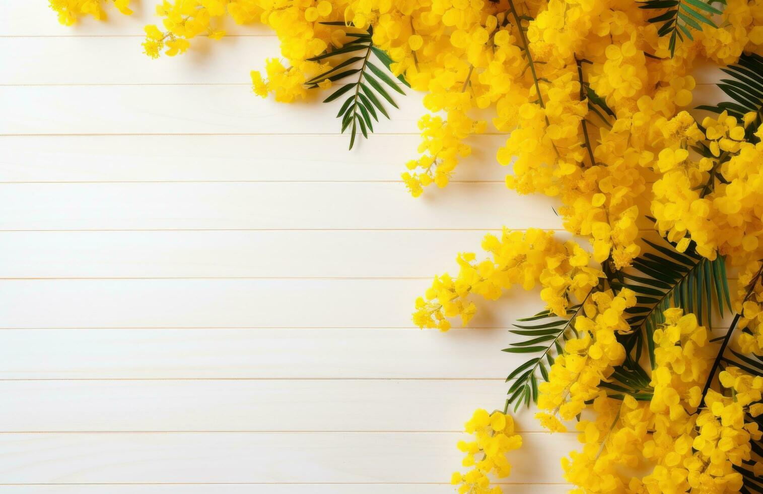 AI generated mimosa flowers on wooden white background with caption with copyspace photo