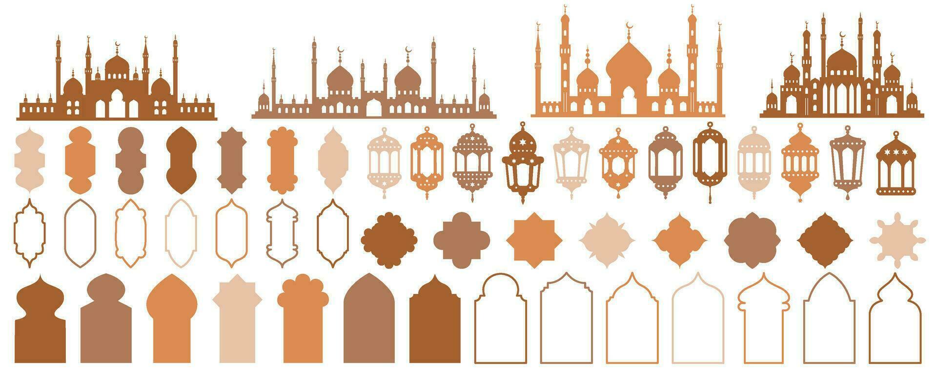 Ramadán musulmán vector formas colocar. islámico mezquita ventana marcos y linternas siluetas tradicional arco modelo diseño para decoración. oriental mínimo elementos.