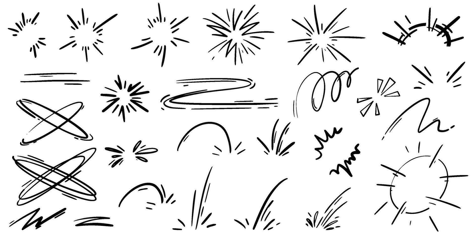 Cartoon lines effects and sparks. Vector comic doodle hand drawn splashes burst and explosion elements. Boom and bang motion sketch.