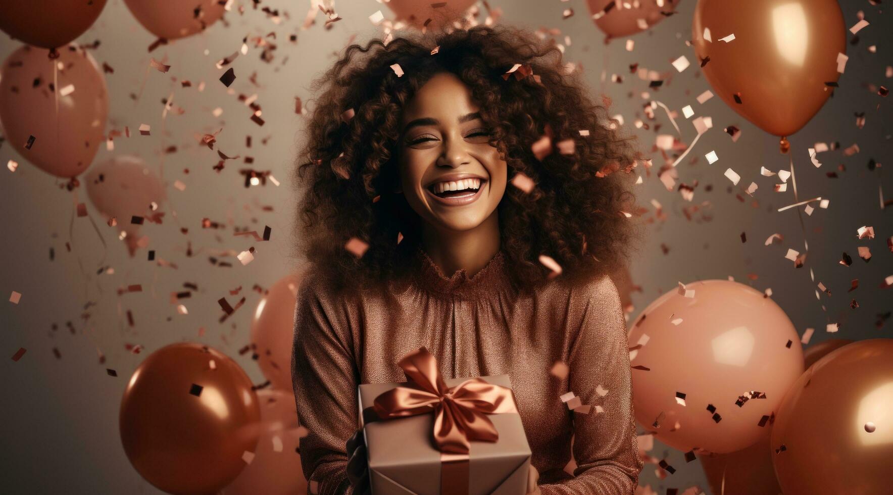 AI generated happy woman with a red gift box photo