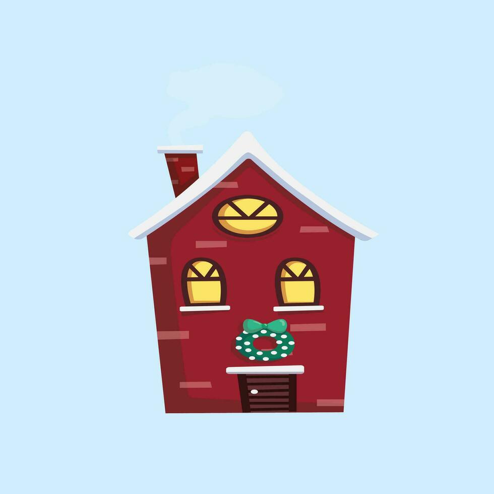 a cartoon house with a santa hat on top,Bright decorative winter house in snow. Merry festive decorations for new year and Christmas vector